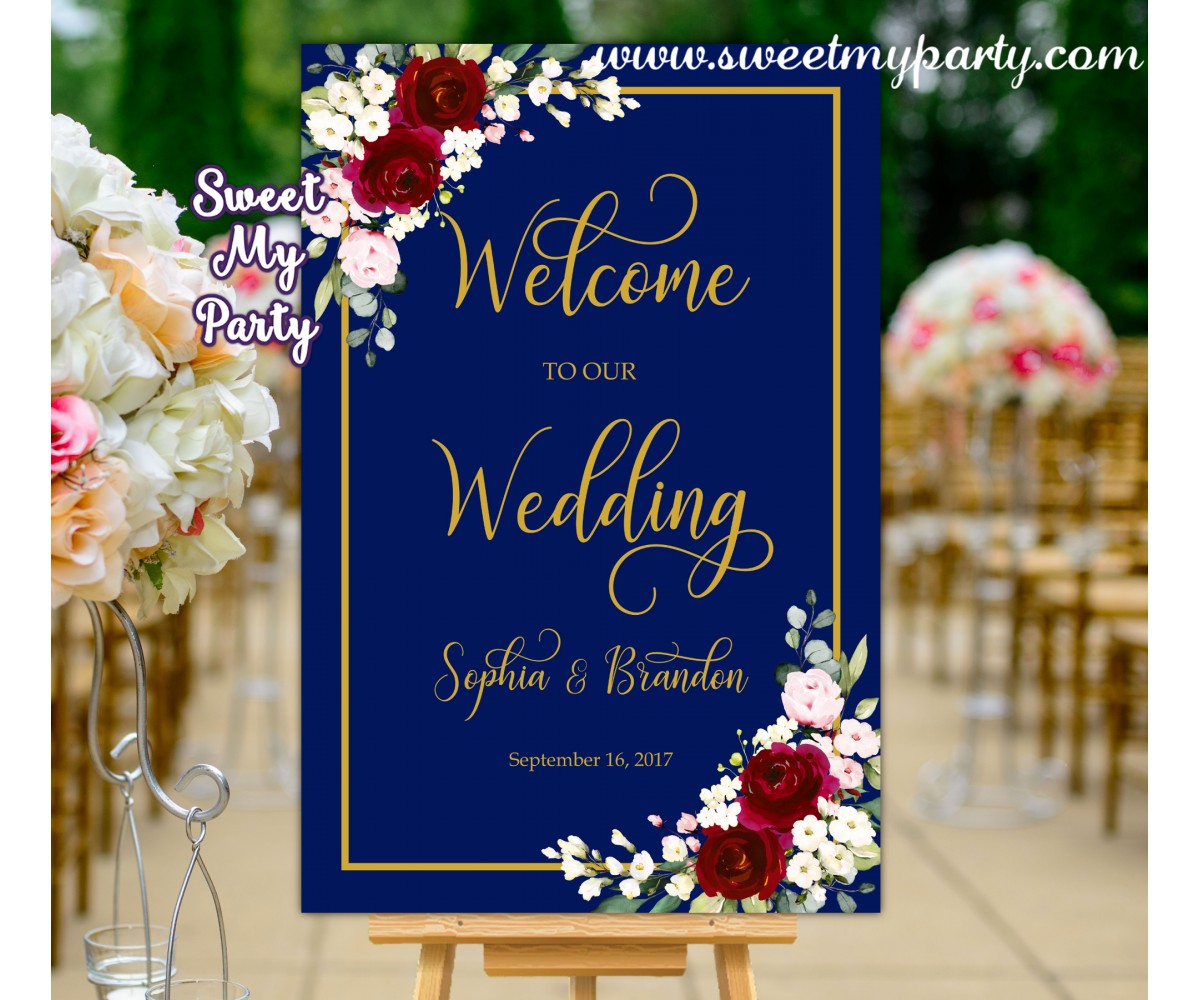 Navy Burgundy Wedding Welcome Sign,Welcome sign with Burgundy Flowers,(125w)